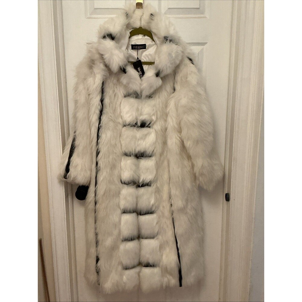 Fhillinuo Women's White Faux Fur Black Striped Long Hooded Coat - 2XL